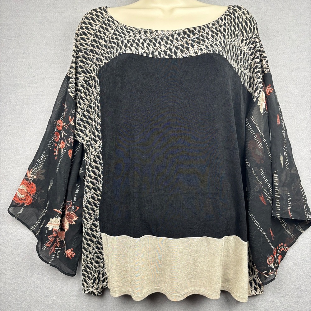 Chicos Travelers Top Womens 2 L Mixed Print Kimono Sleeve Geometric Floral - Picture 2 of 8